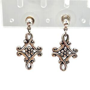 Earrings Filigree Cross Vintage Scrolling Central Floral Motif Pierced SKU 3082